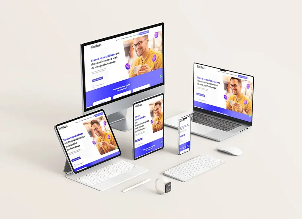 Site responsivo sendo mostrado em vários tamanhos de telas