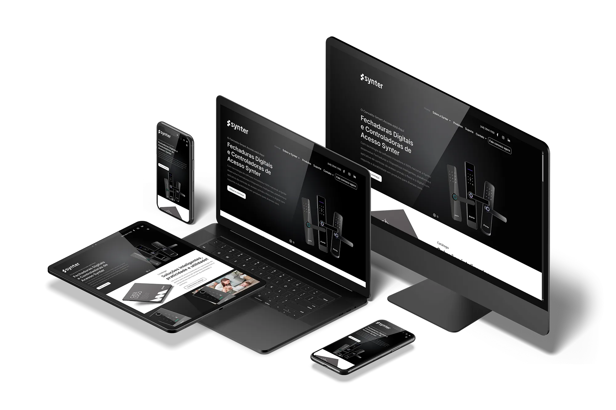 Site Synter Fechaduras mostrado em diversos dispositivos