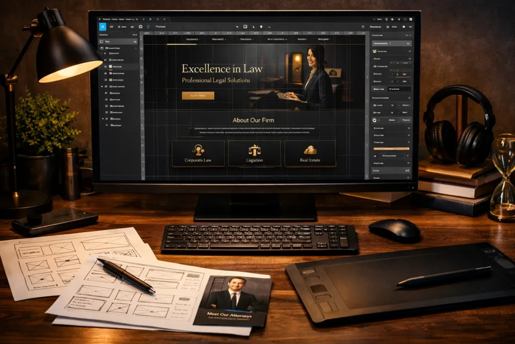 Layout de site profissional em produção em um desktop