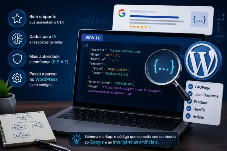 tela de notebook mostrando a implementacao de schema markup para site wordpress
