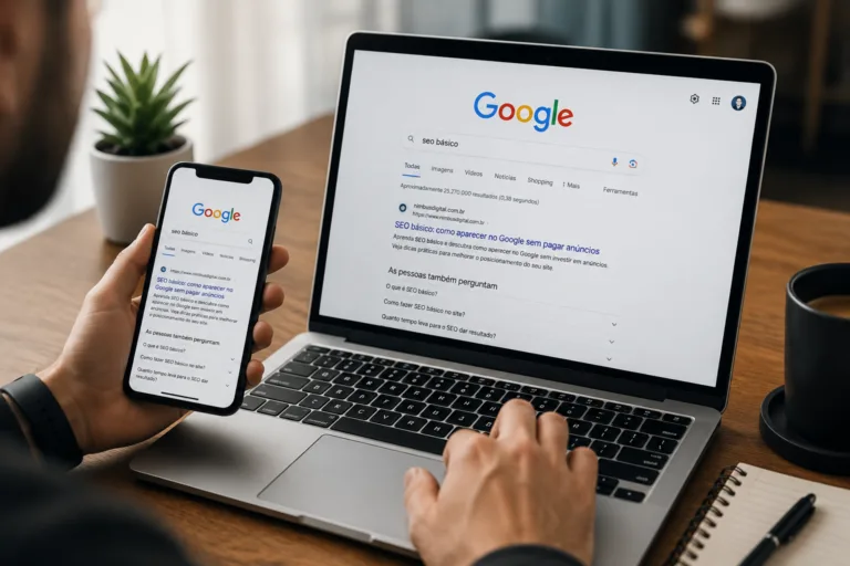 pessoa pesquisando no Google como aparecer nos resultados orgânicos com seo básico